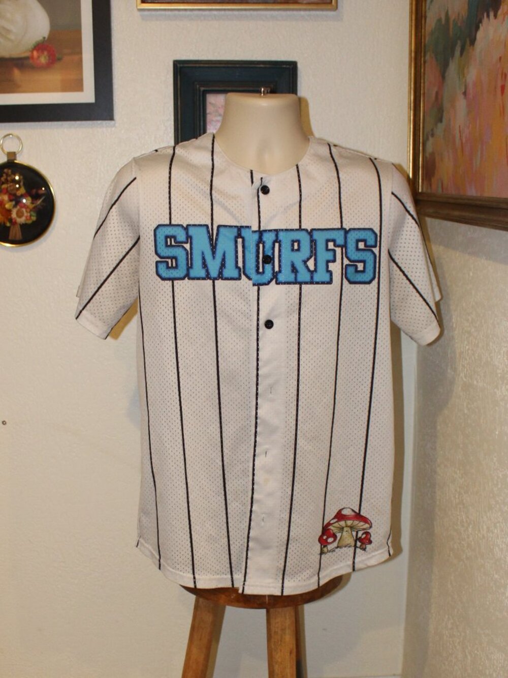 The Smurfs Mushroom Throwin’ Baseball Jersey White Blue Size M